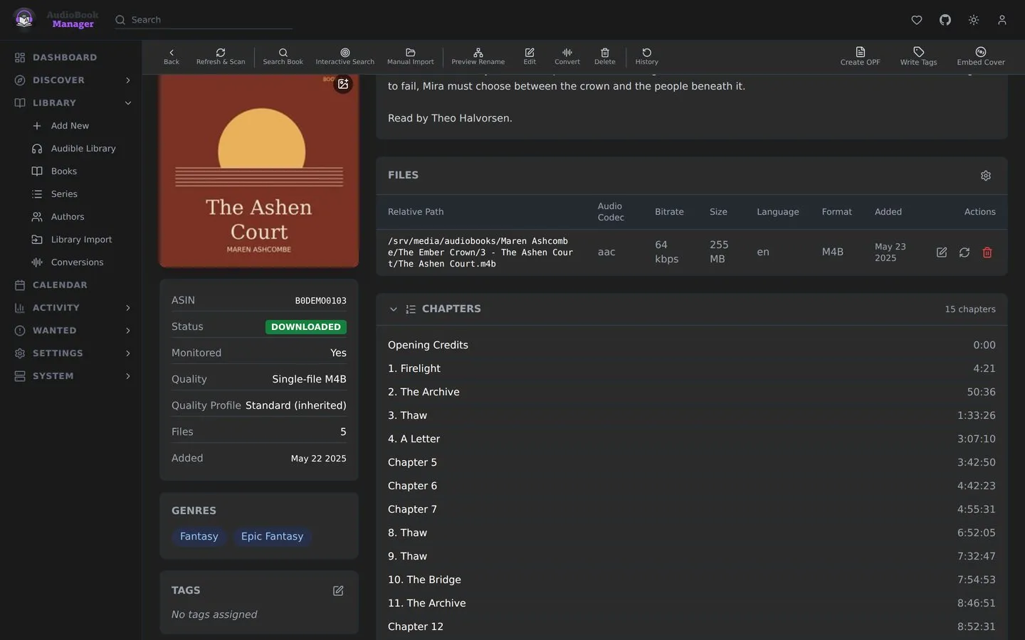 The Chapters section of a book’s page, listing each chapter’s title and start time