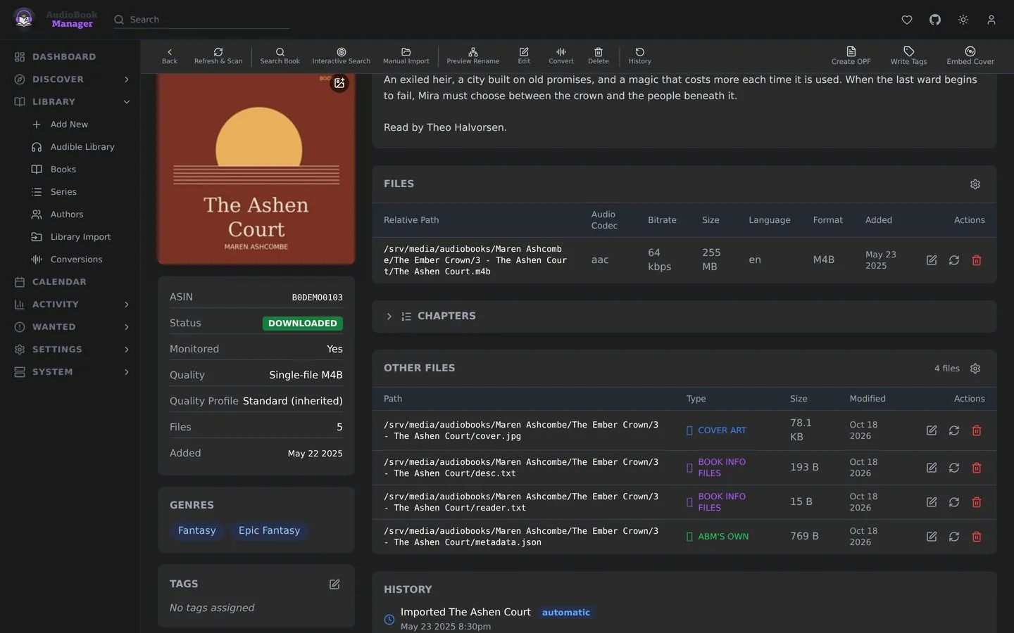 The Files and Other files sections of a book’s page, with codec, bitrate, size and format