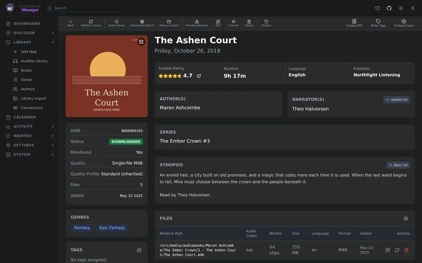 A book’s page: cover, rating, runtime, authors, narrators, series, synopsis and its files