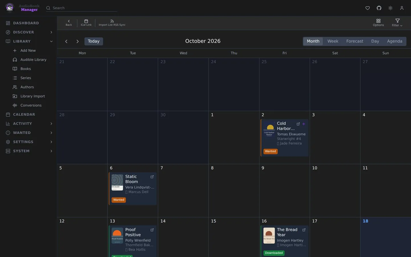 The Calendar in month view: upcoming and recent releases with their covers and status