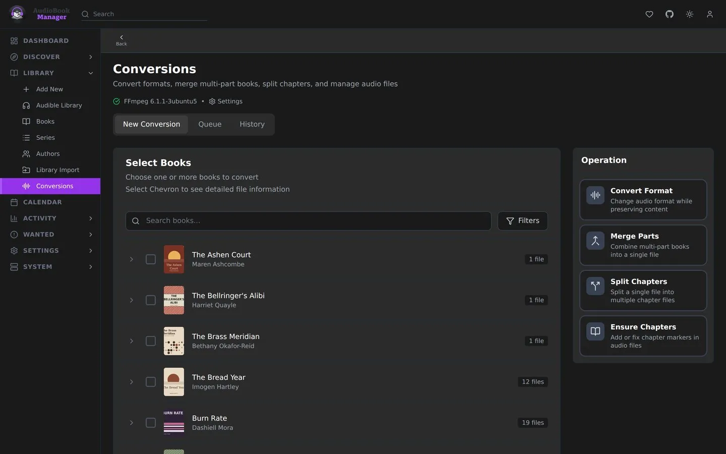 The Conversions page: pick books, then convert, merge, split or add chapters