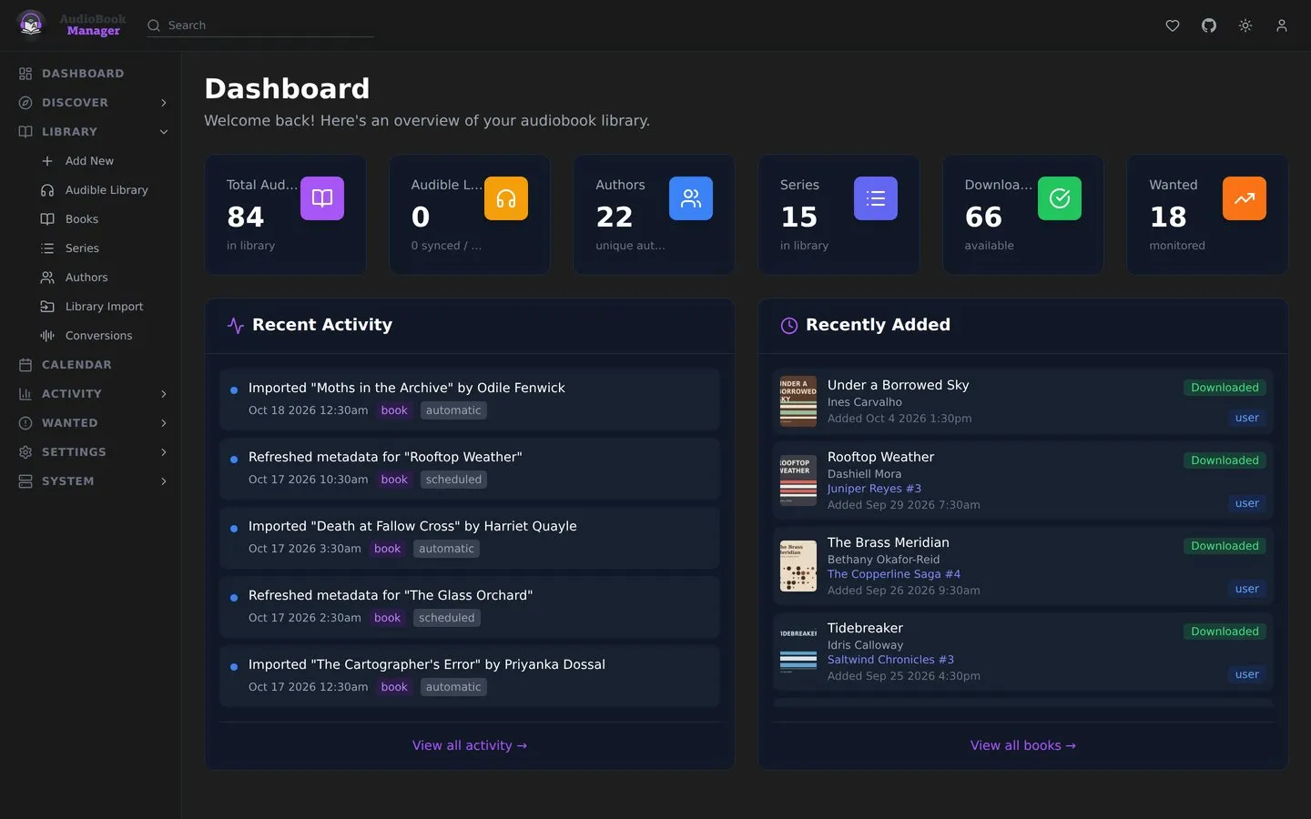 The Dashboard: library totals, recent activity and recently added books