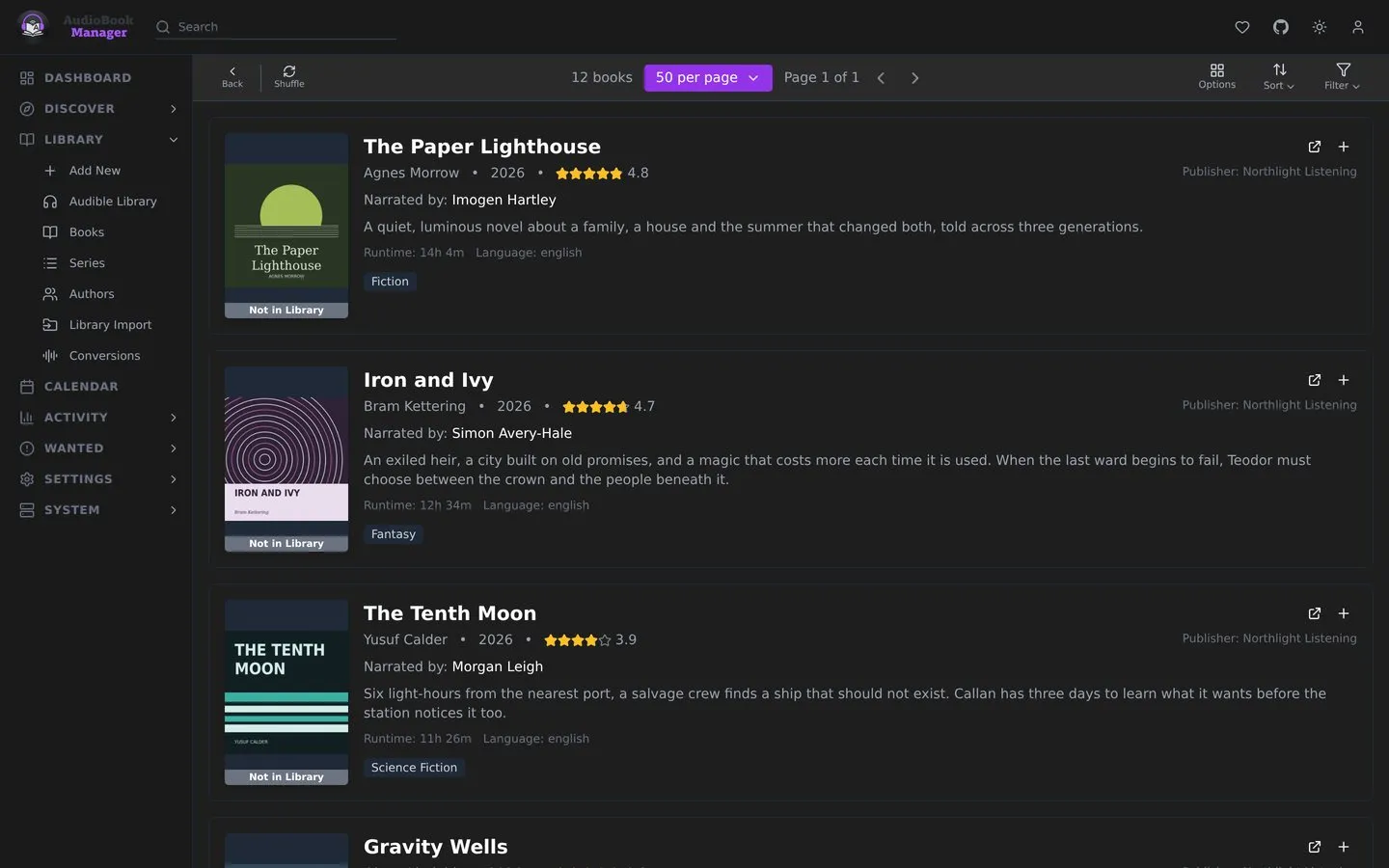 Discover, New Releases: books not in the library with cover, narrator, rating and description