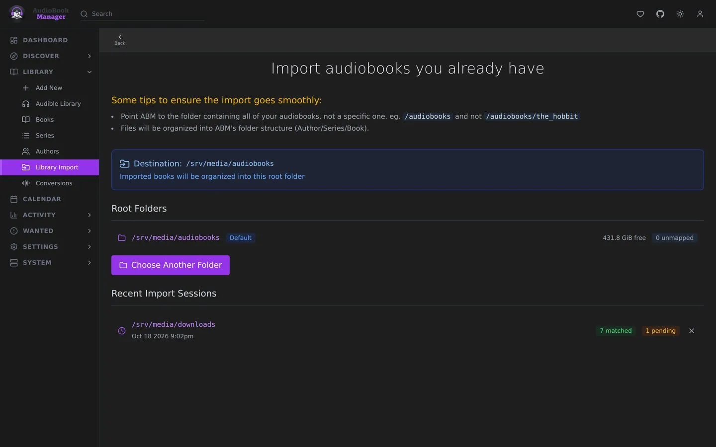 Library Import: the root folders and recent import sessions