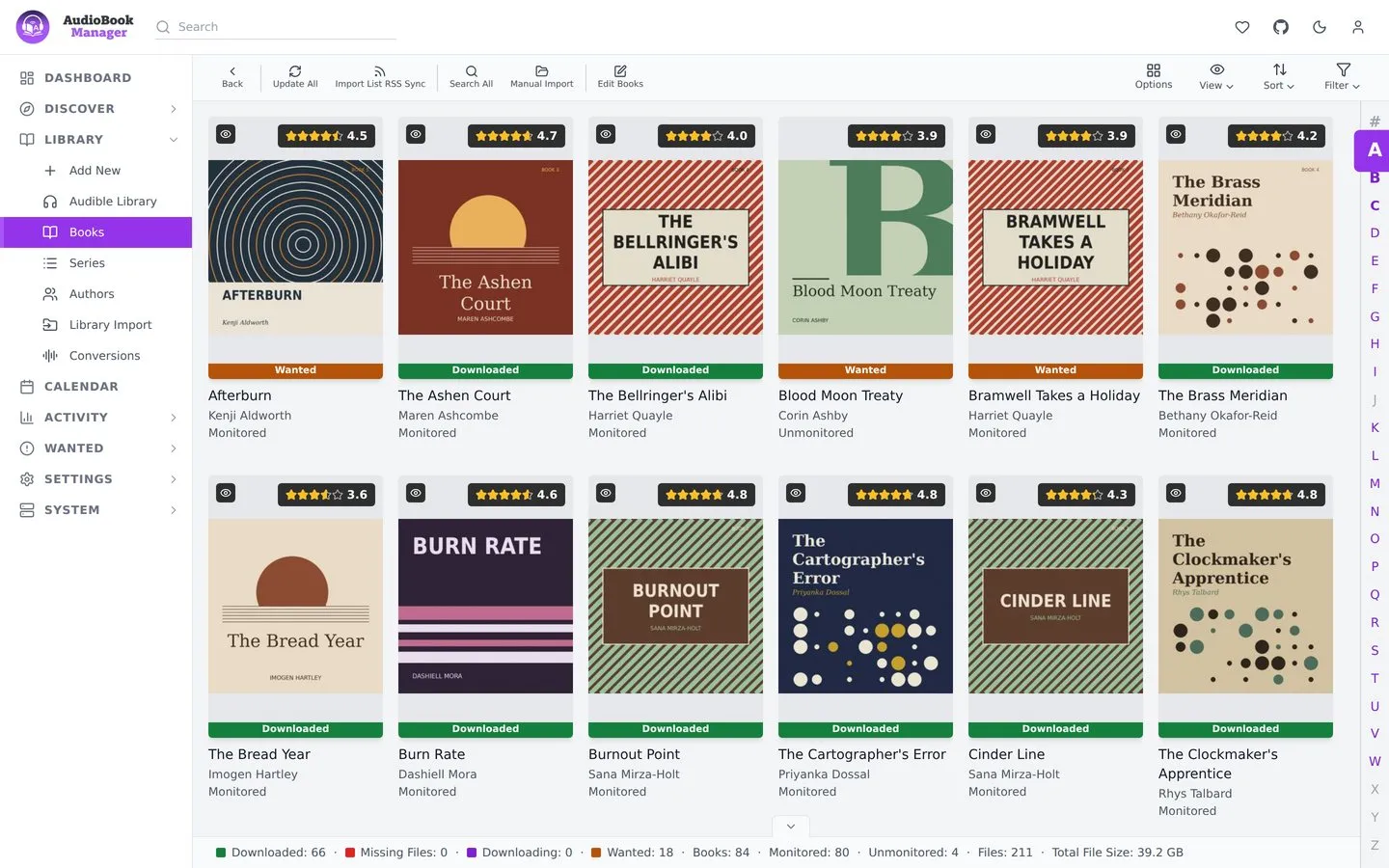 The Books page in poster view with the light theme