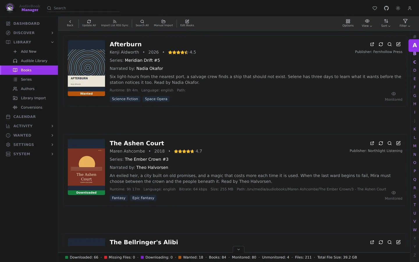 The Books page in overview view: each book with its cover, series, narrator and description