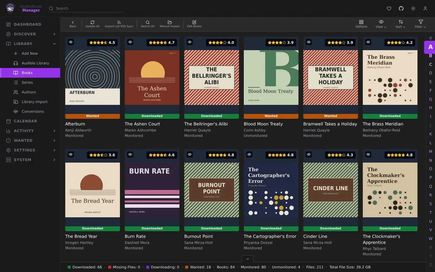 The Books page in poster view: cover art with a Downloaded or Wanted bar, rating, author and monitored state