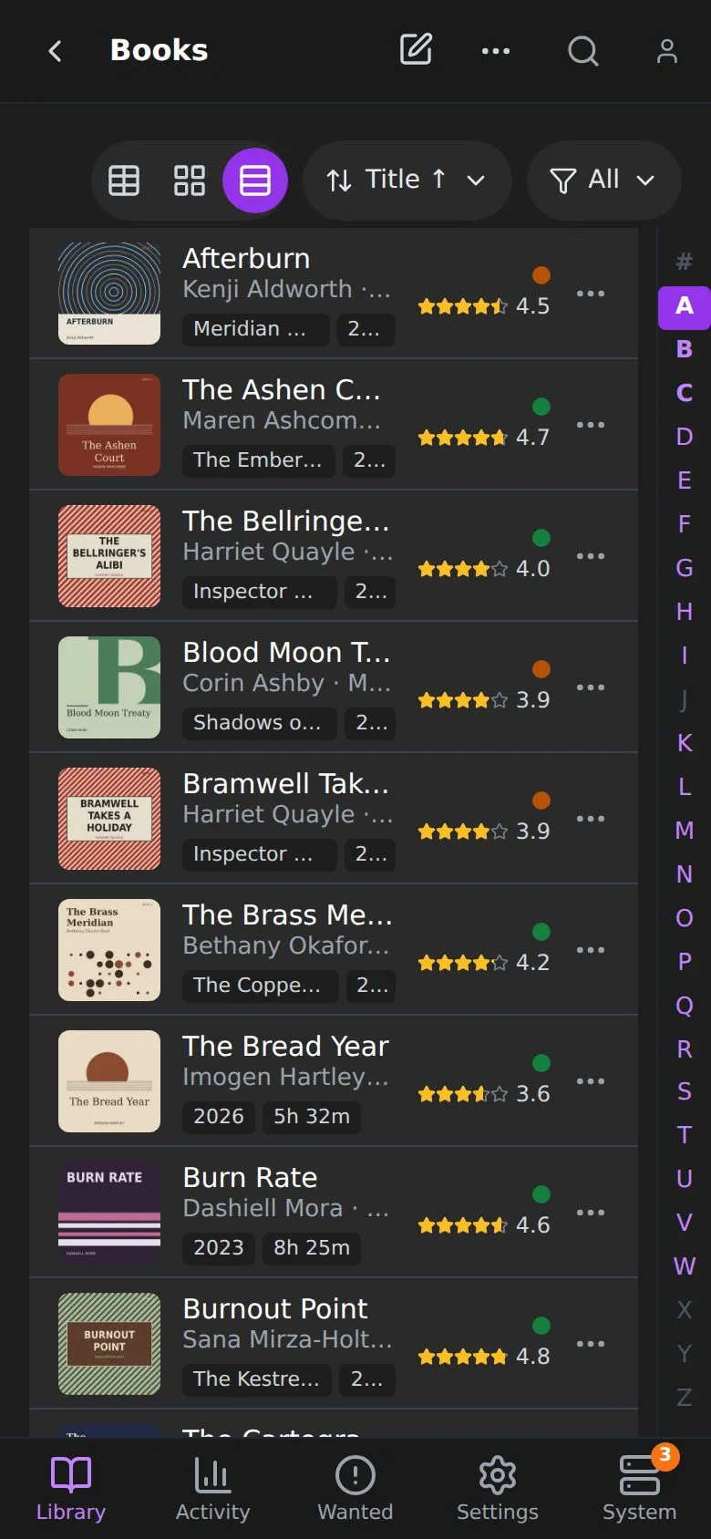 The Books page on a phone in overview view