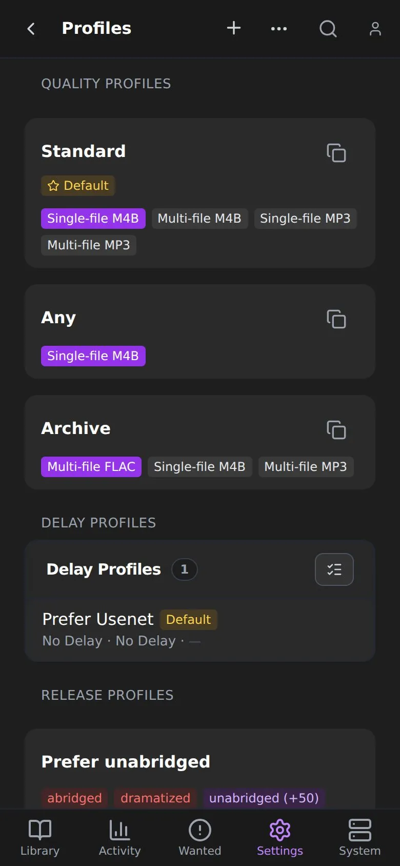 The Profiles settings page on a phone