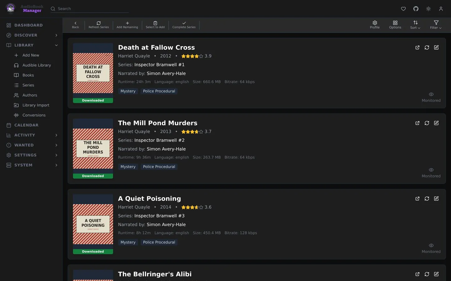 A series page: every book in order with its position, status and rating