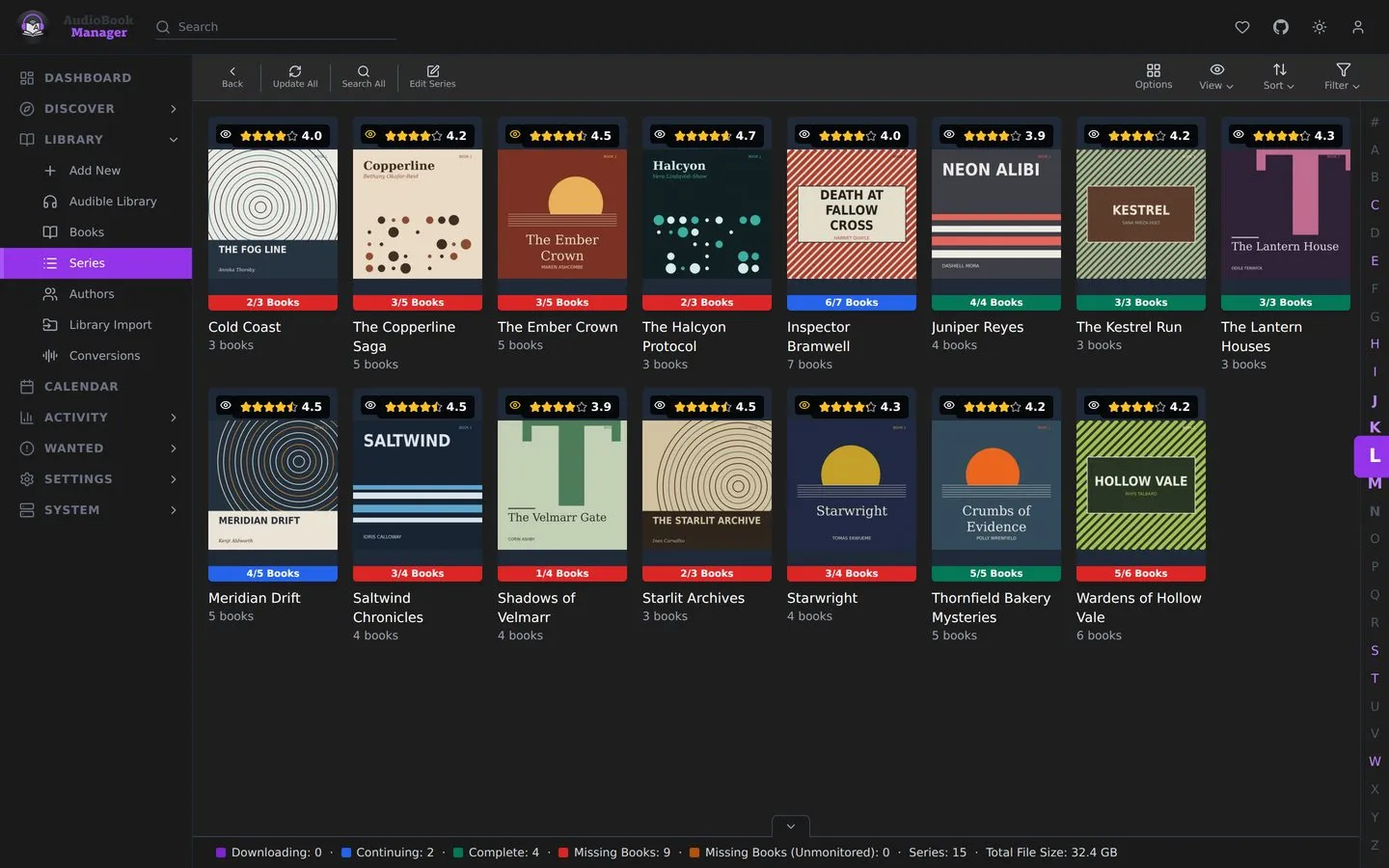 The Series page: one tile per series with how many books are in the library