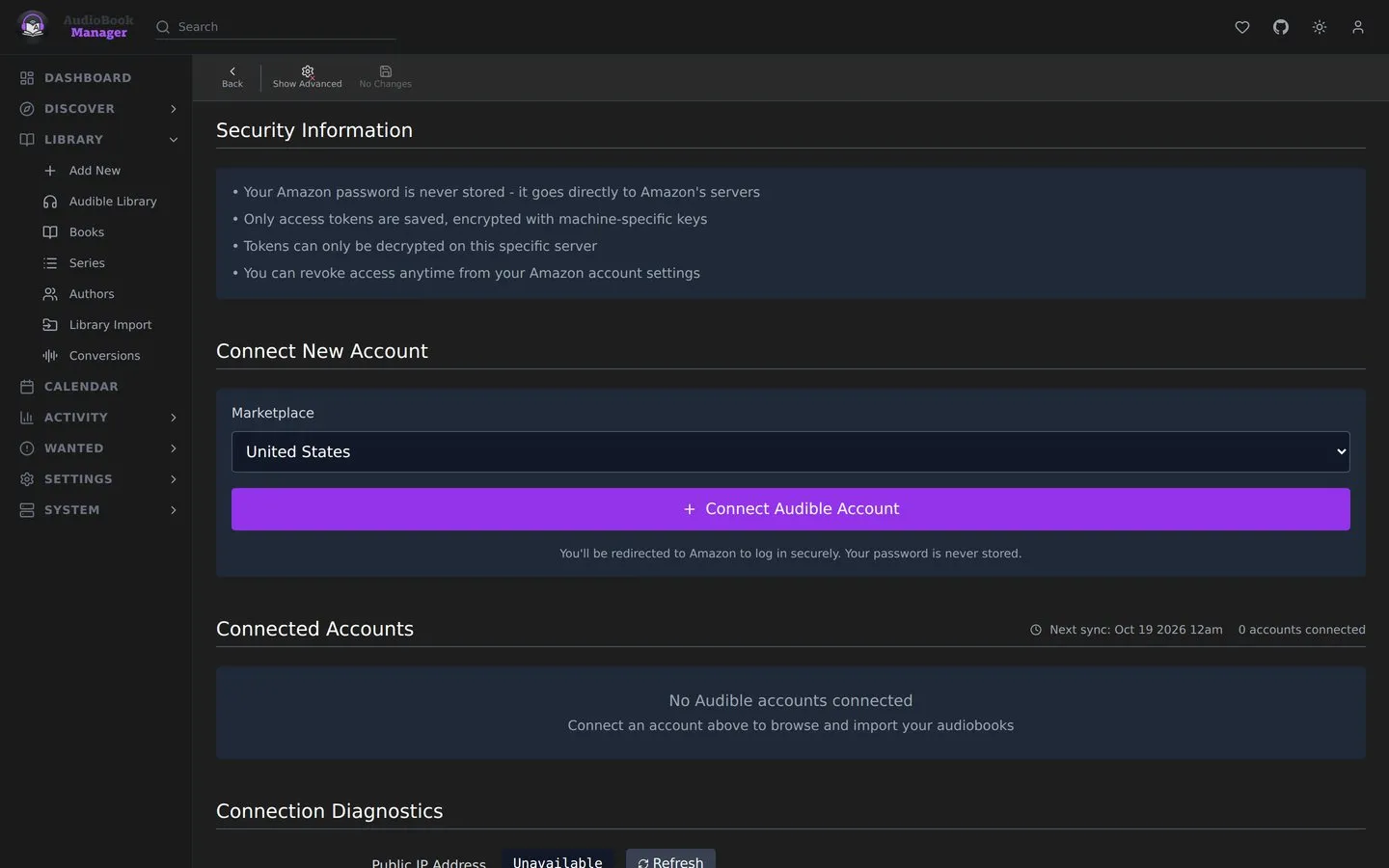 Settings, Audible: connecting an account and the connection diagnostics
