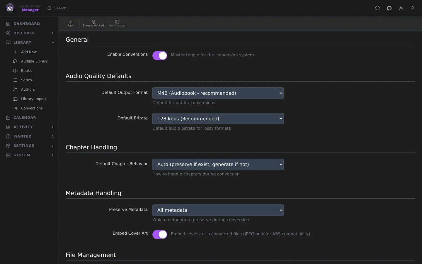 Settings, Conversions: audio quality, chapter and metadata defaults