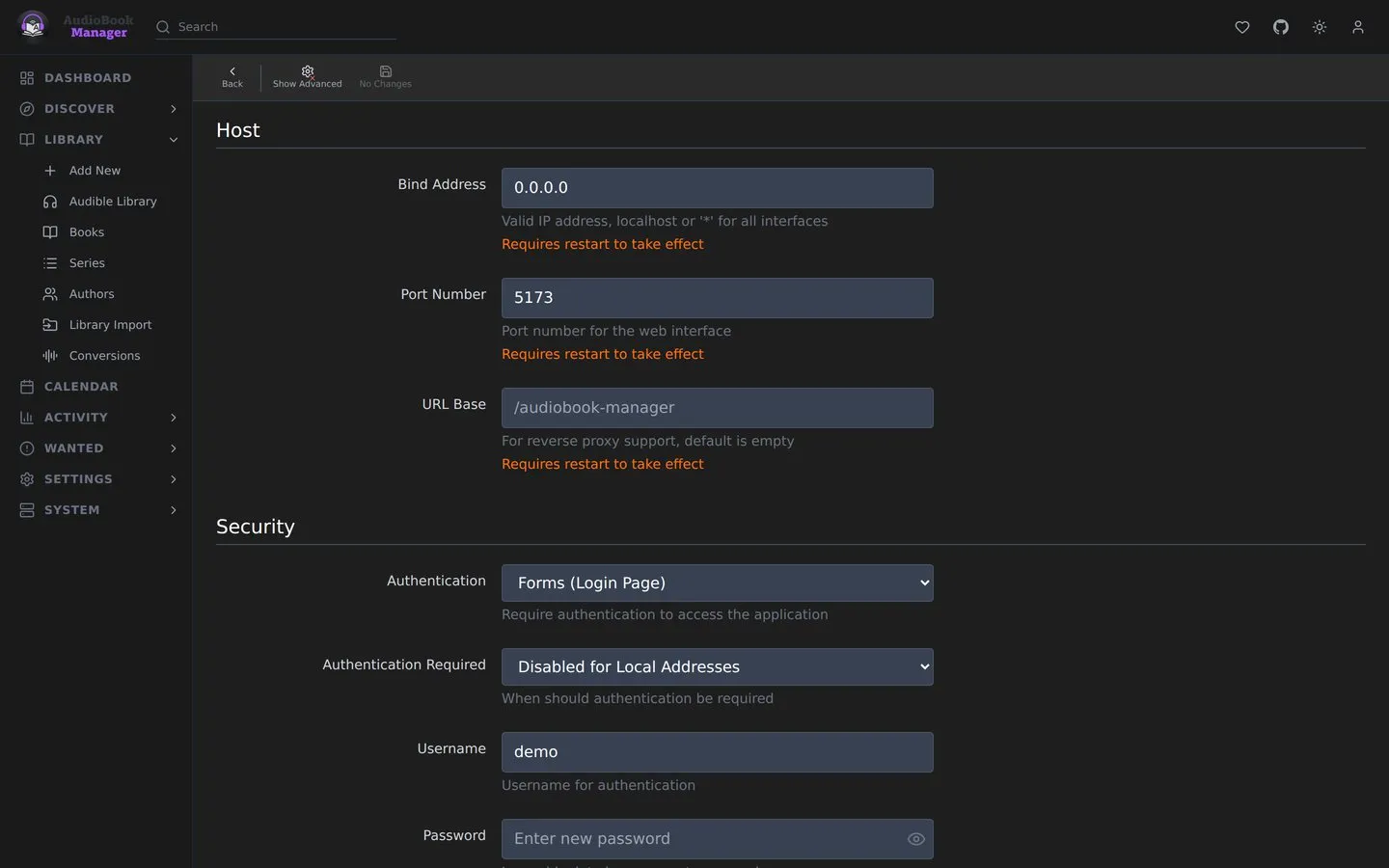 Settings, General: host, port and security