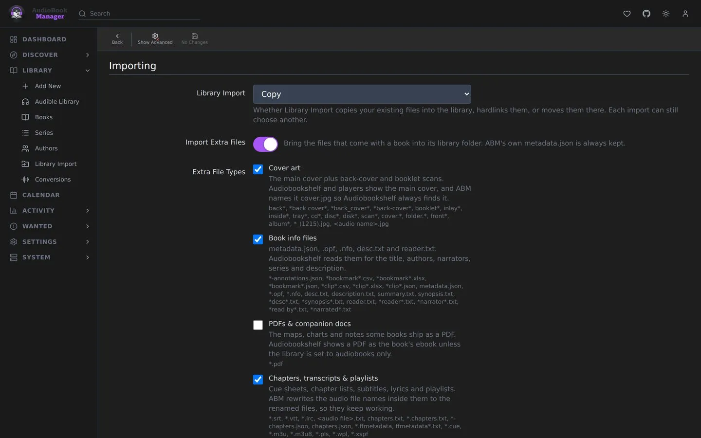 Settings, Media Management: importing options