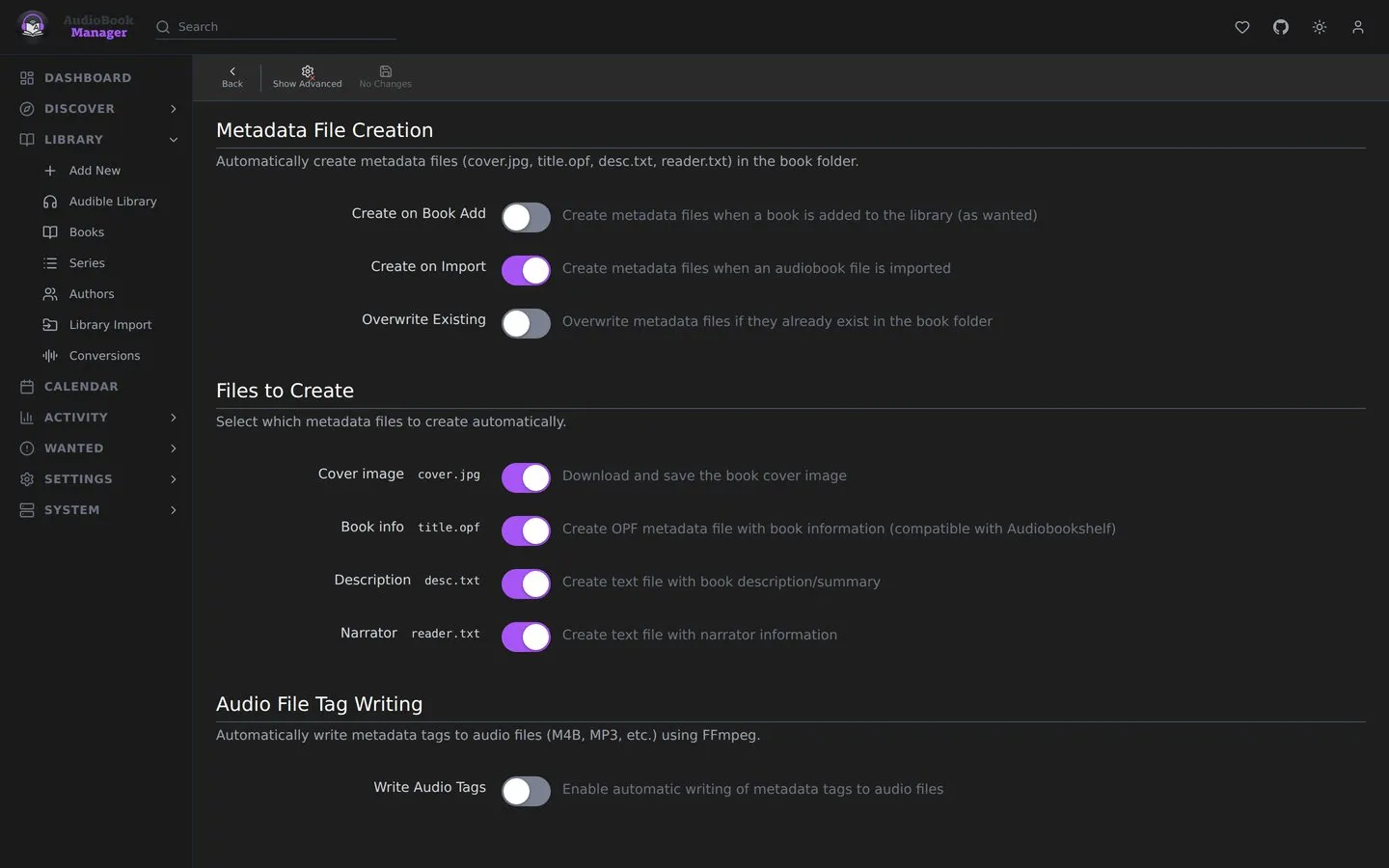 Settings, Metadata: which sidecar files to create and which audio tags to write
