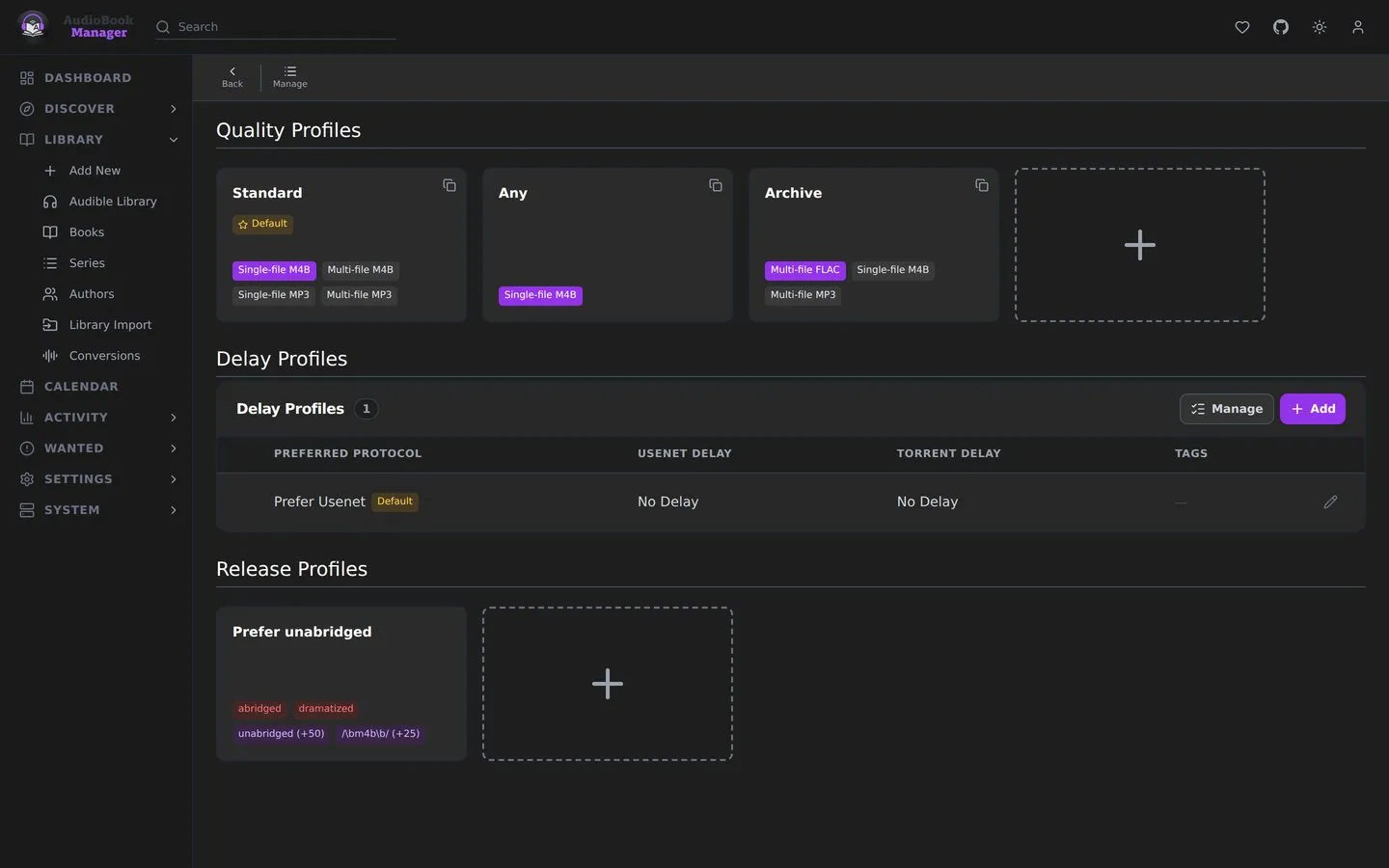 Settings, Profiles: quality, delay and release profiles on one page