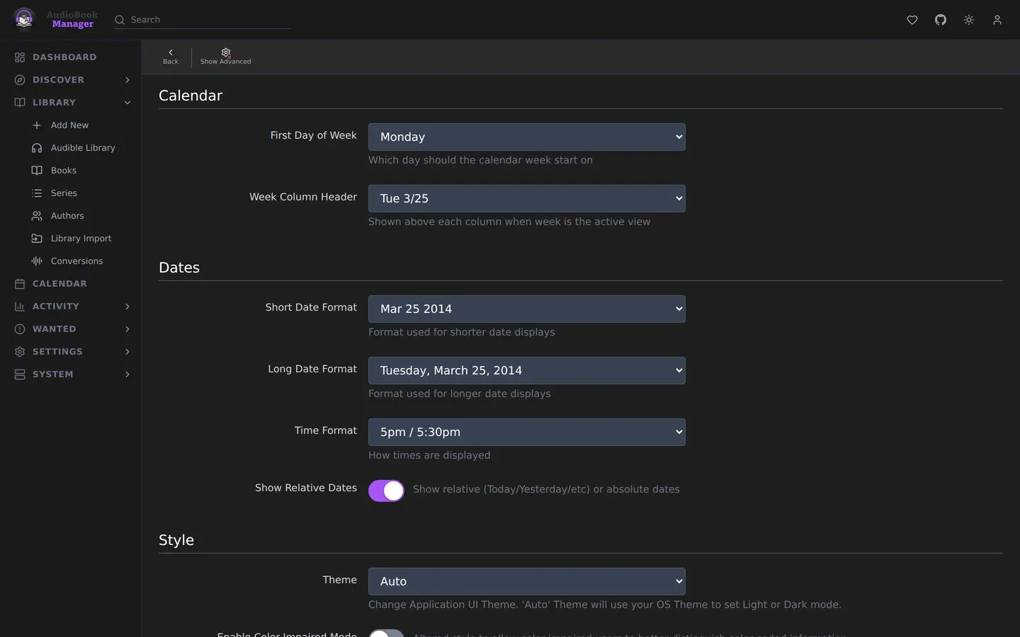Settings, UI: calendar, date and time formats, and the theme