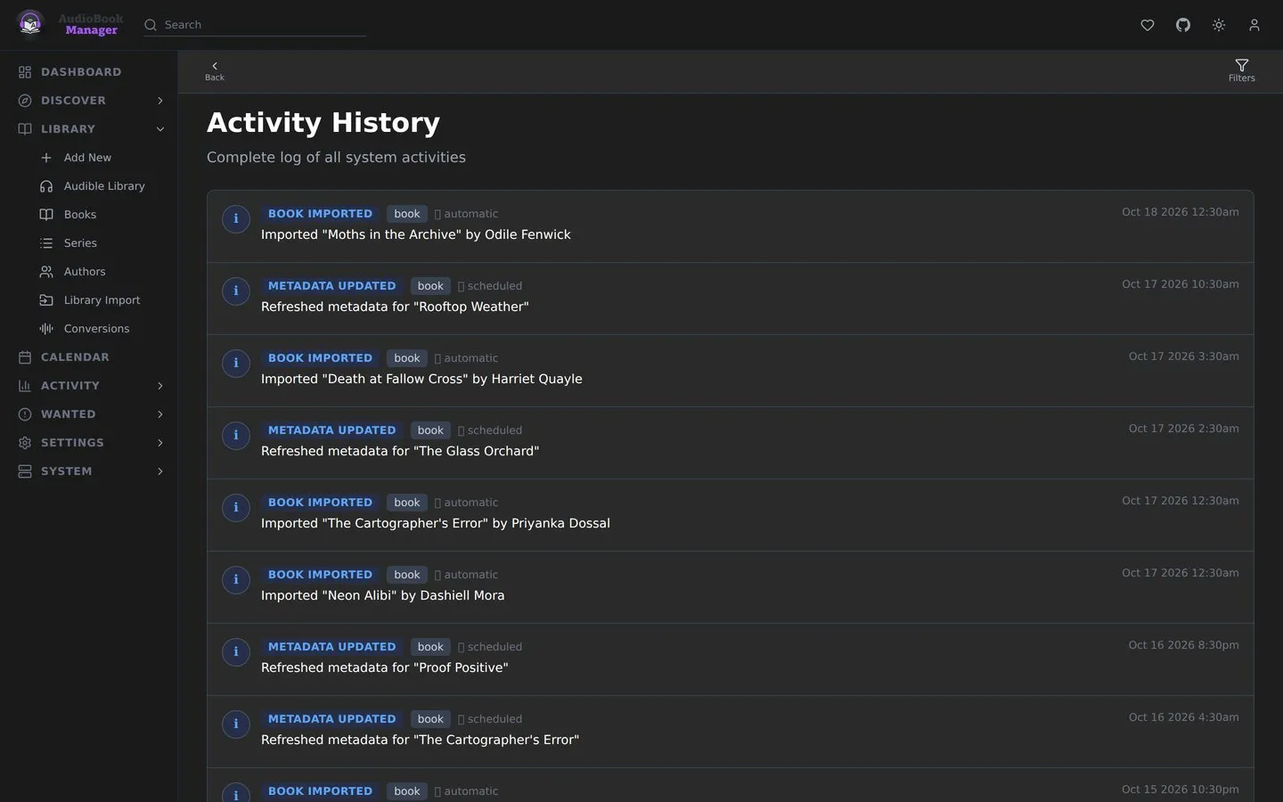 System, Activity Log: imports and metadata refreshes with their source