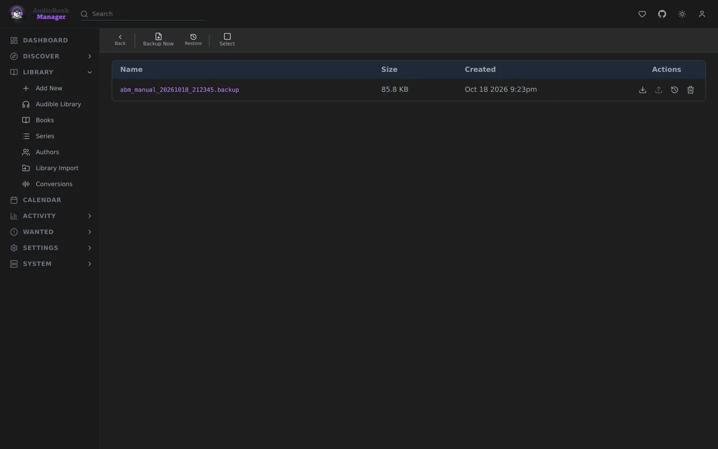 System, Backups: the list of backups with their size and date