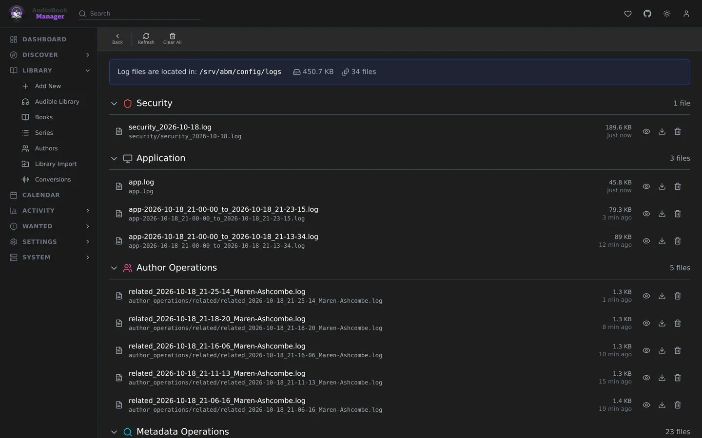 System, Logs: log files grouped by area