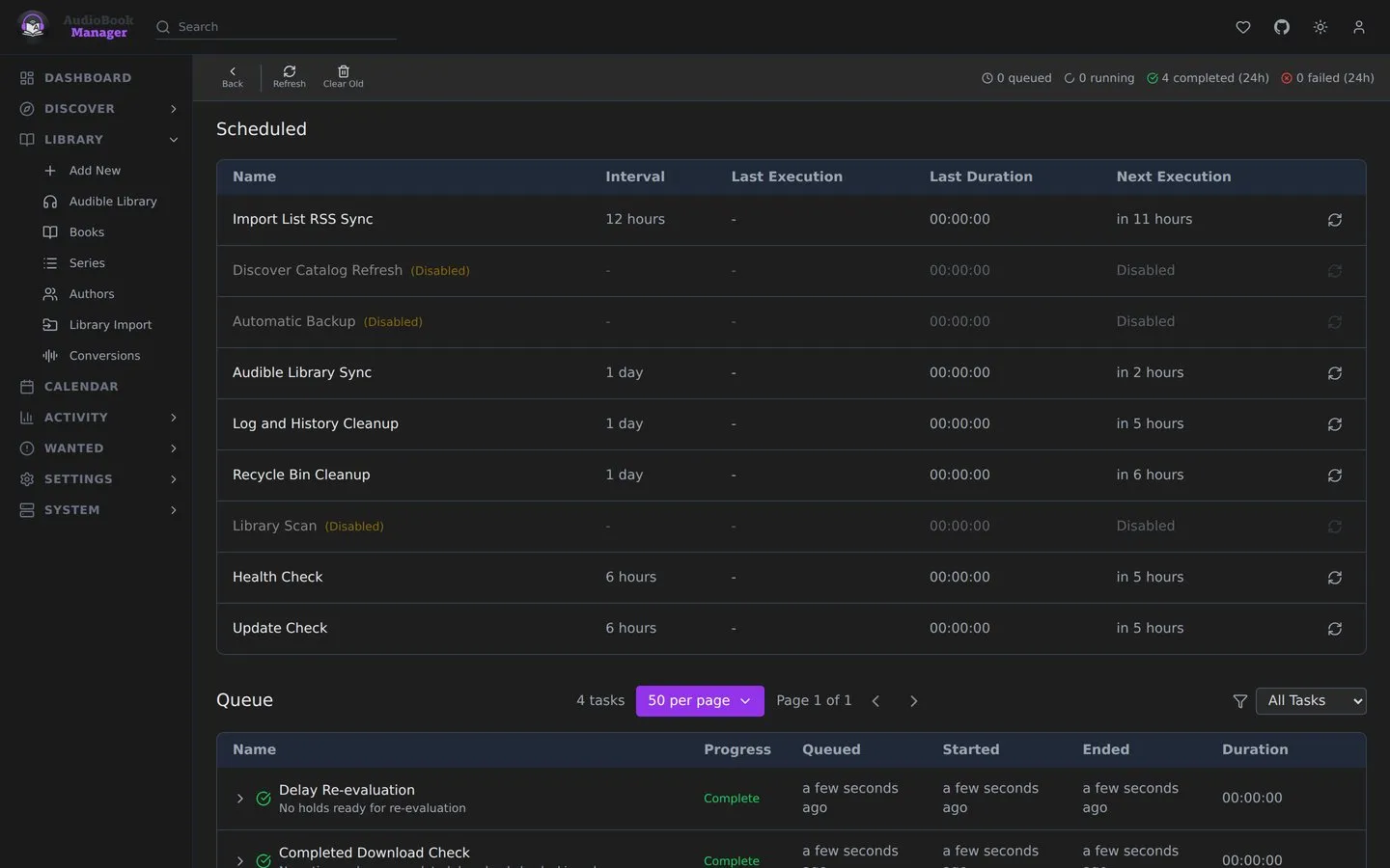 System, Tasks: scheduled tasks with their interval and last run, and the task queue